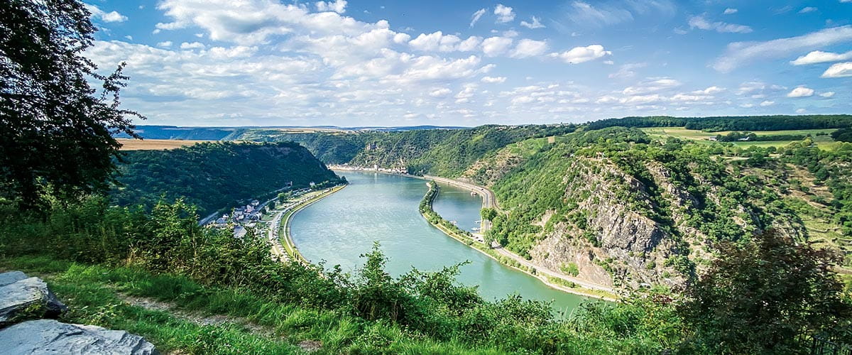An aerial view over the Rhine River, Germany